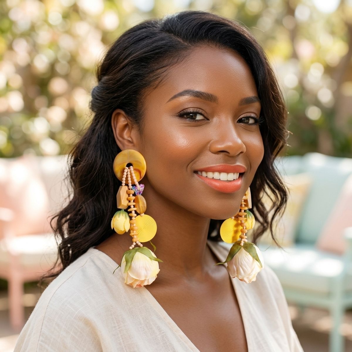 Yellow Oversized Flower Butterfly Drop Earrings