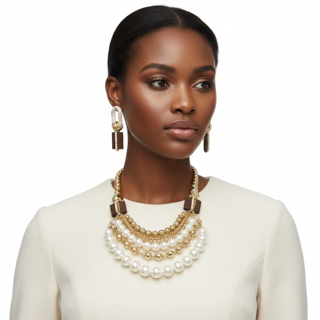 Wood Bead Natural and Glam Multi Layer Necklace