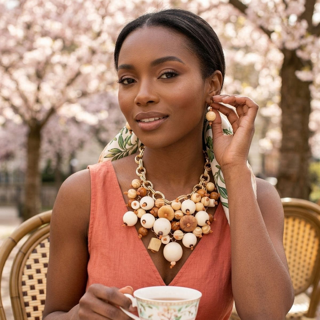 Natural Wood Chunky Geometric Bead Bib Necklace
