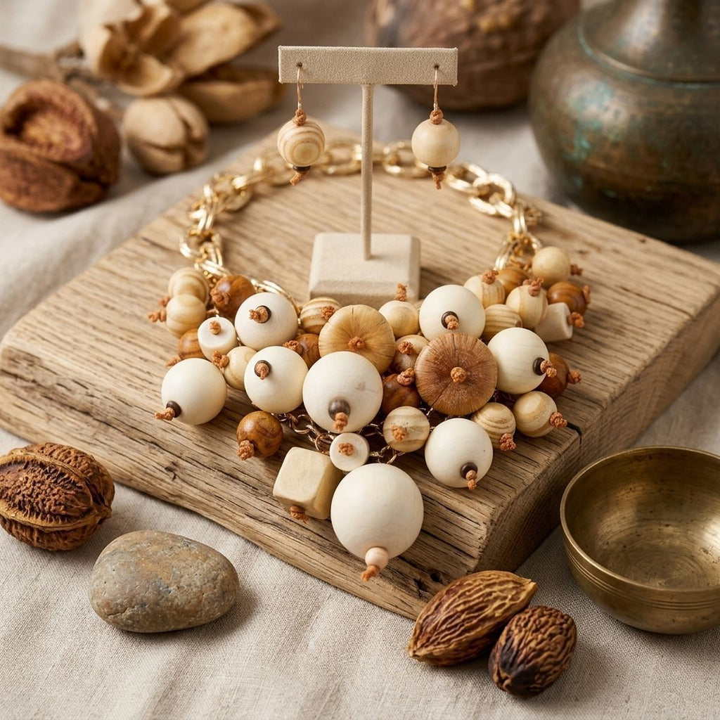 Natural Wood Chunky Geometric Bead Bib Necklace