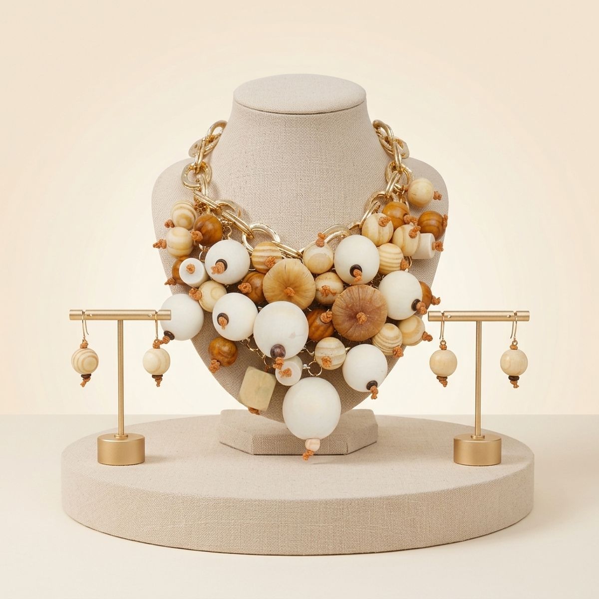Natural Wood Chunky Geometric Bead Bib Necklace