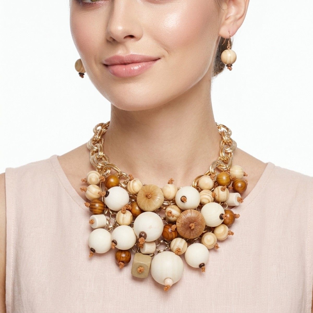 Natural Wood Chunky Geometric Bead Bib Necklace