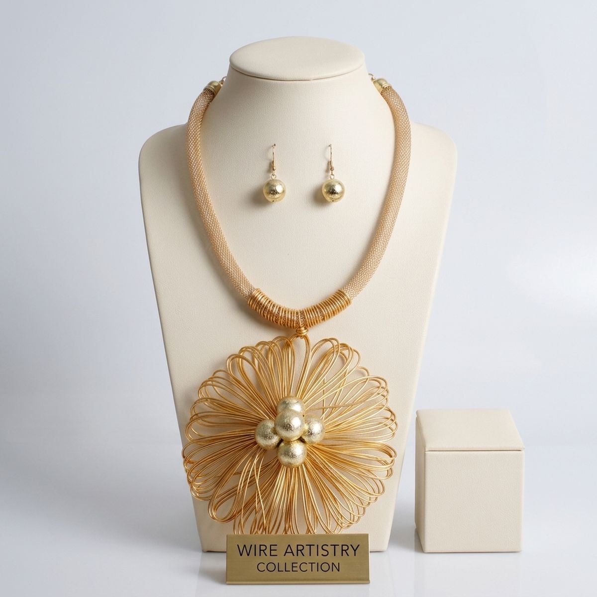 Gold Mesh Large Flower Wire Pendant Necklace