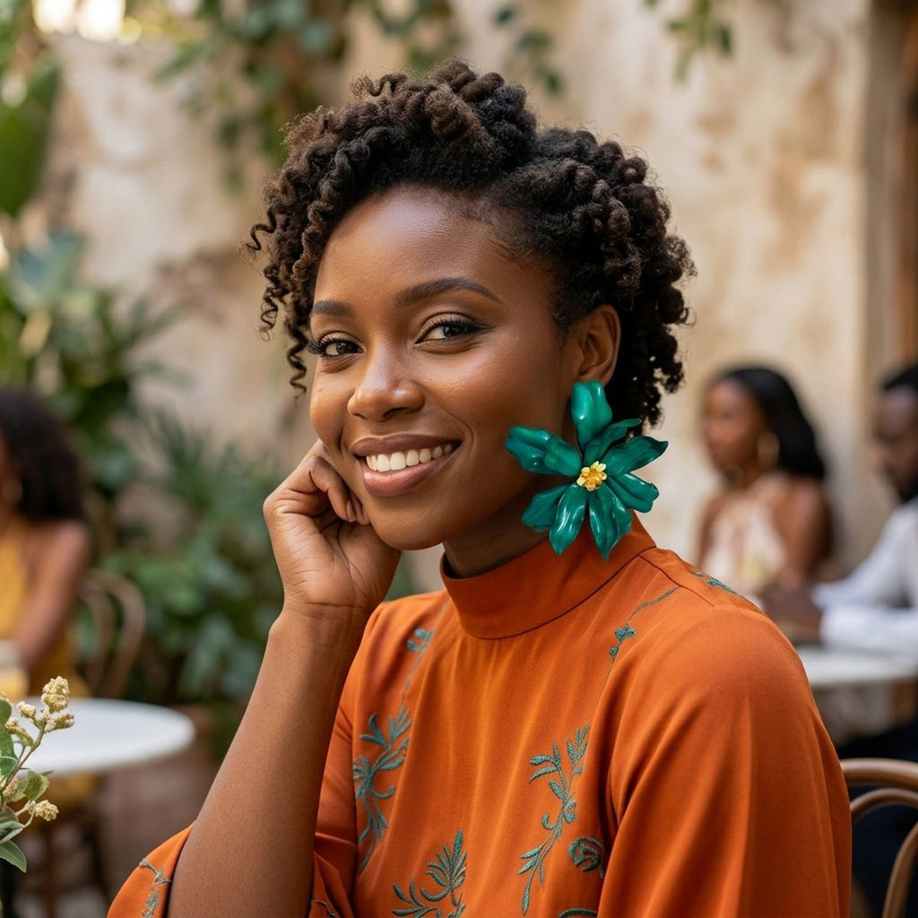 Stud Green Flower Oversized Wavy Petal Earrings