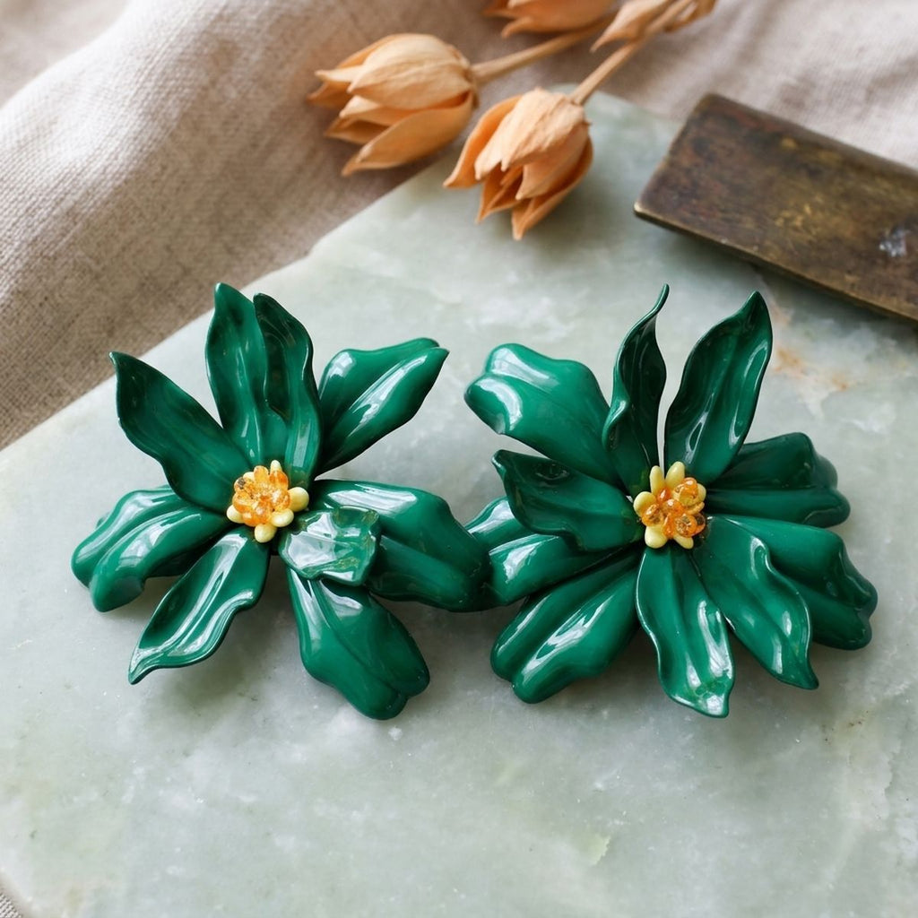 Stud Green Flower Oversized Wavy Petal Earrings