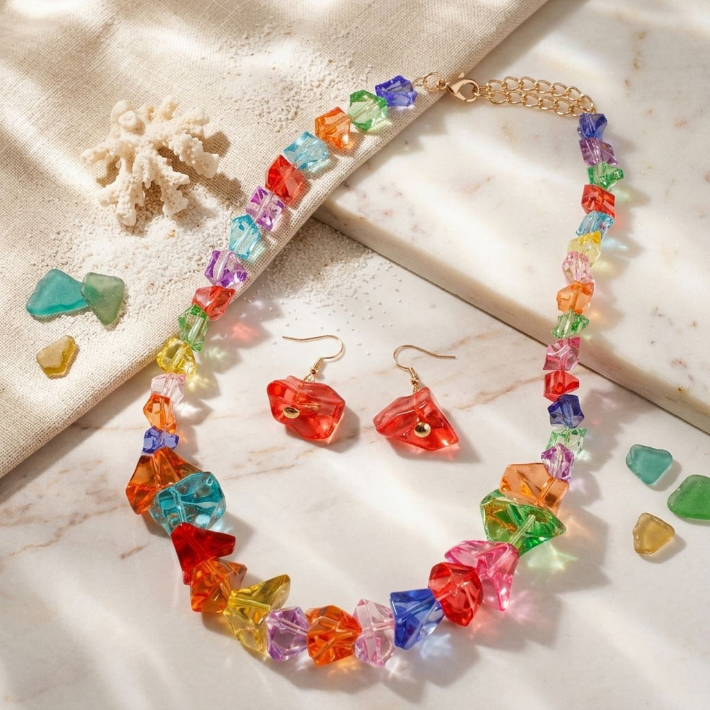 Translucent Multicolor Bead Rock Candy Necklace Set