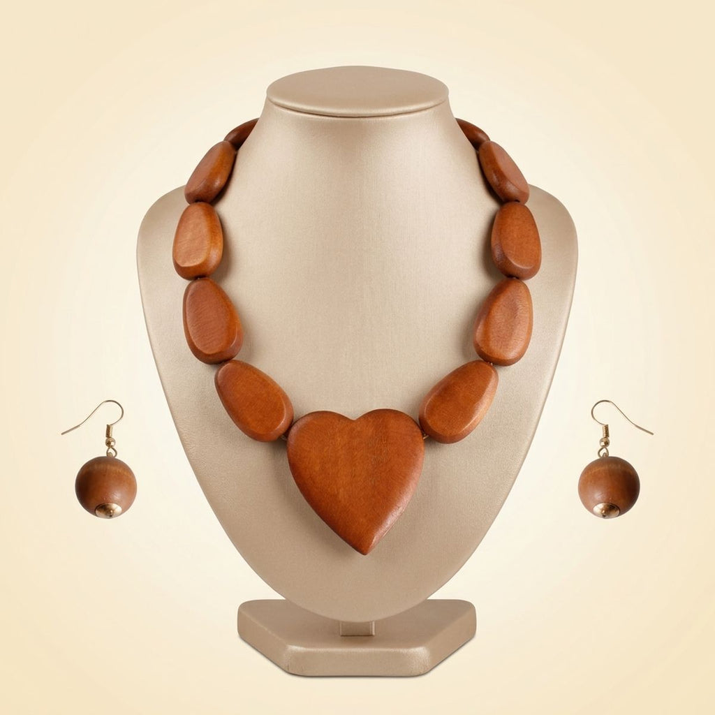 Brown Wood Bead and Heart Pendant Necklace