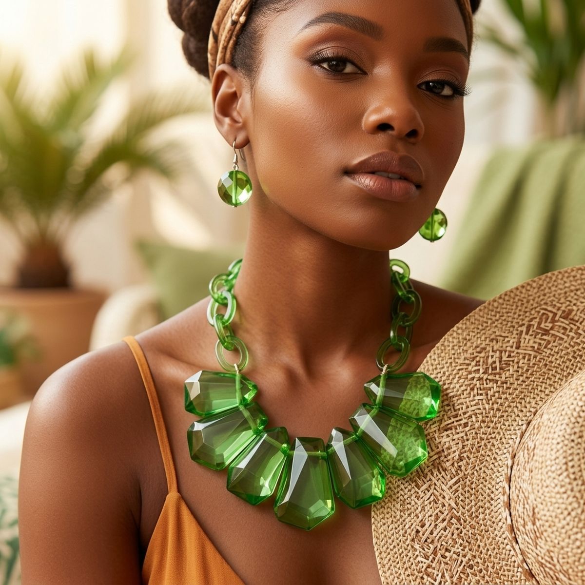 Semi Transparent Green Bead Link Collar Necklace