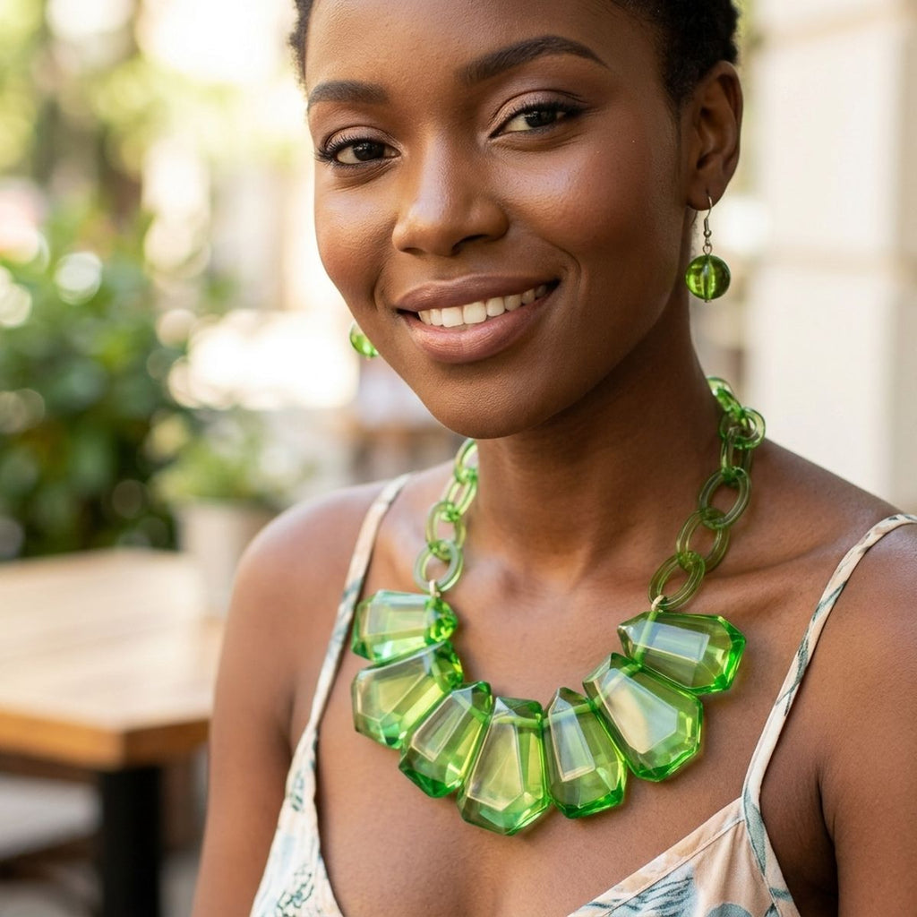 Semi Transparent Green Bead Link Collar Necklace