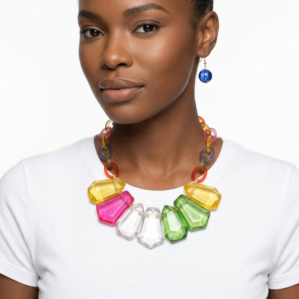 Semi Transparent Color Bead Link Collar Necklace