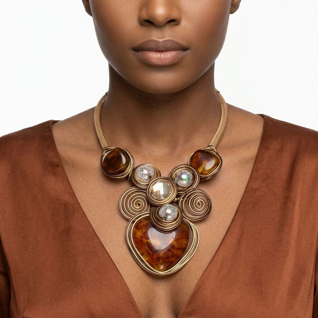 Brown Coiled Wire Heart Handmade Bib Necklace