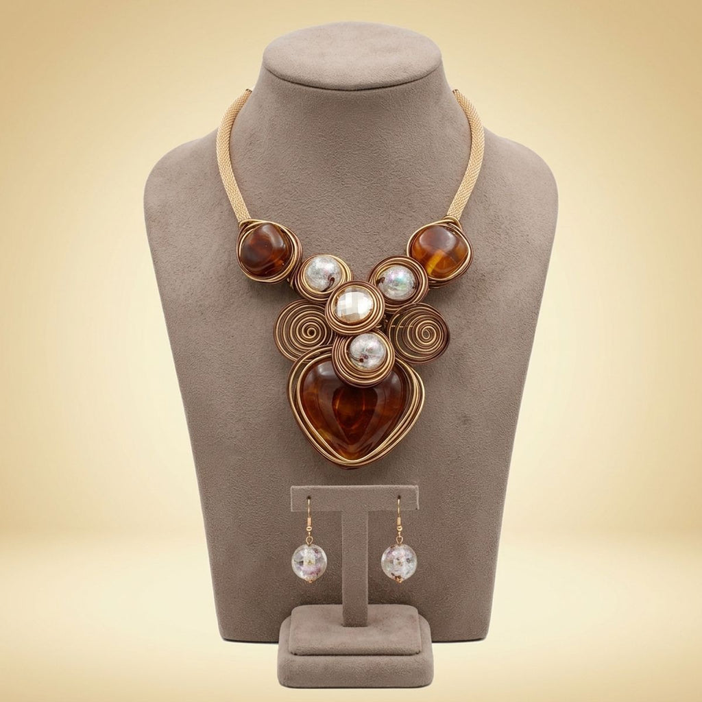 Brown Coiled Wire Heart Handmade Bib Necklace