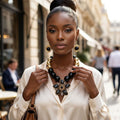 Black and Gold Jumbo Bead Flower Pendant Necklace