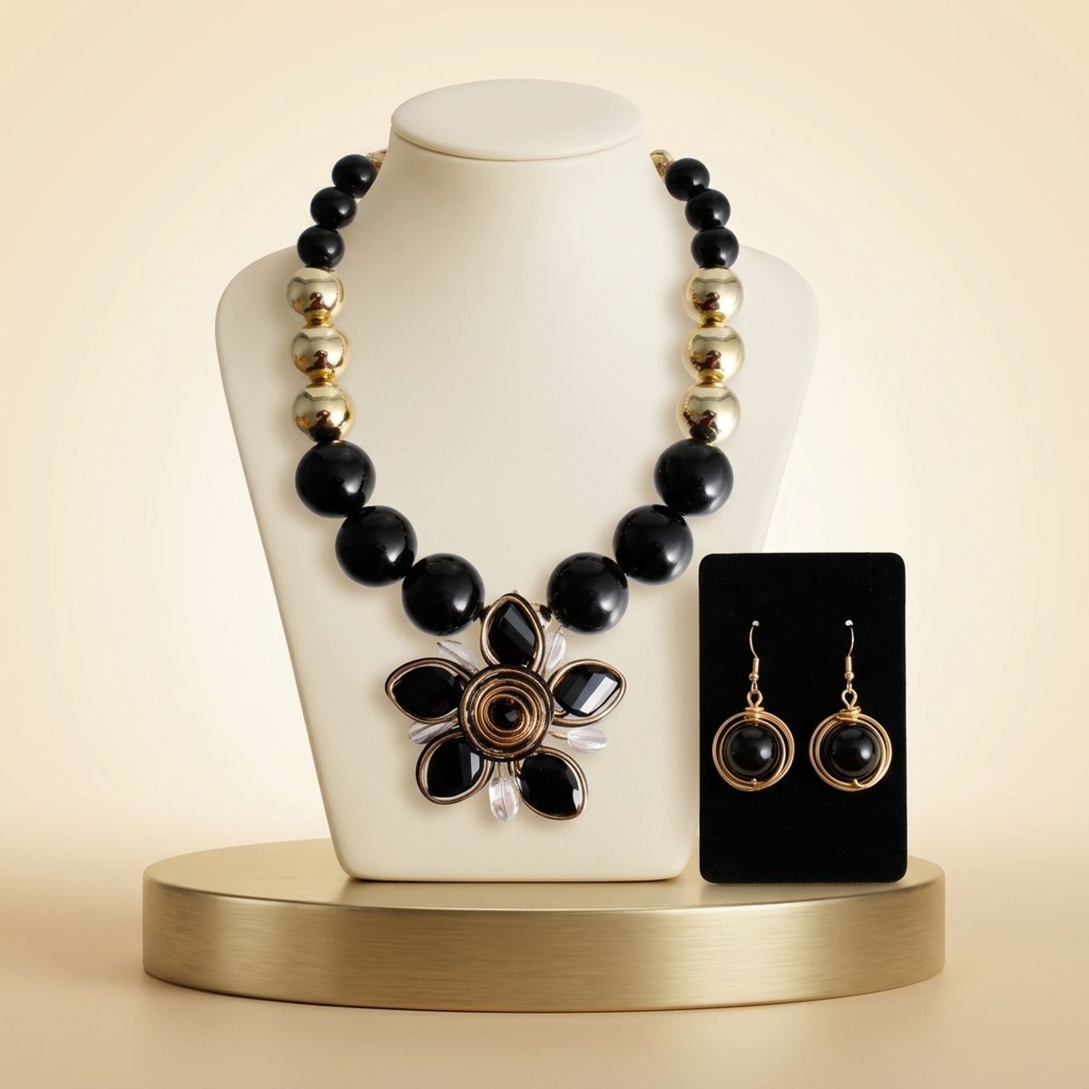 Black and Gold Jumbo Bead Flower Pendant Necklace
