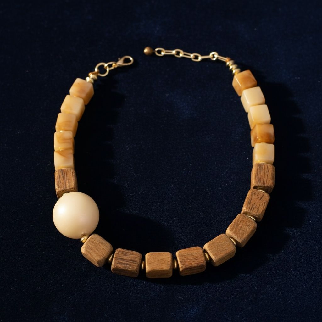 Cubism Chunky Wood Bead and Marbled Brown Necklace