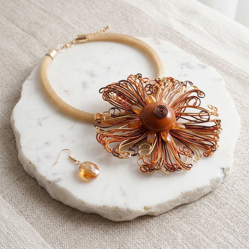 Brown Wire Beaded Sunburst XL Pendant Necklace