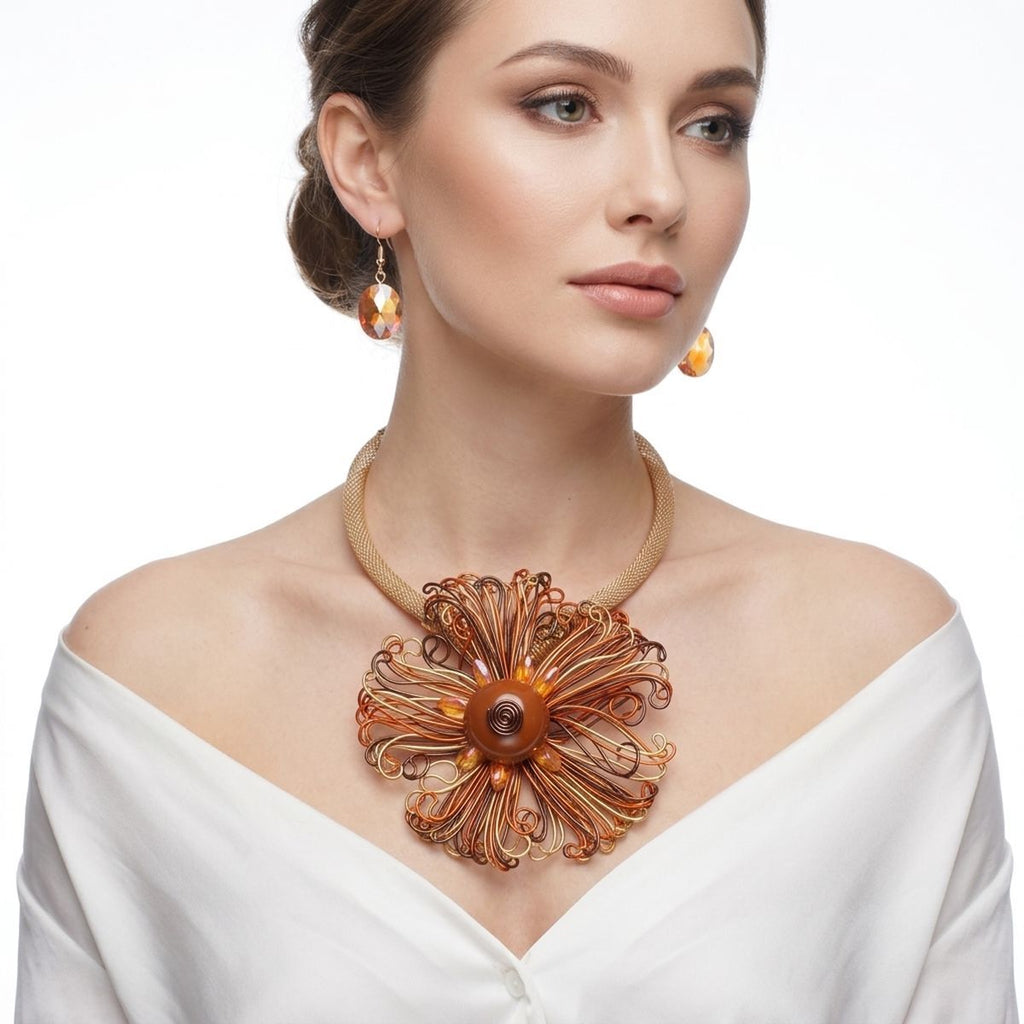 Brown Wire Beaded Sunburst XL Pendant Necklace