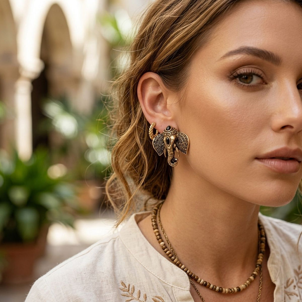 Opulent African Elephant Black Stud Earrings