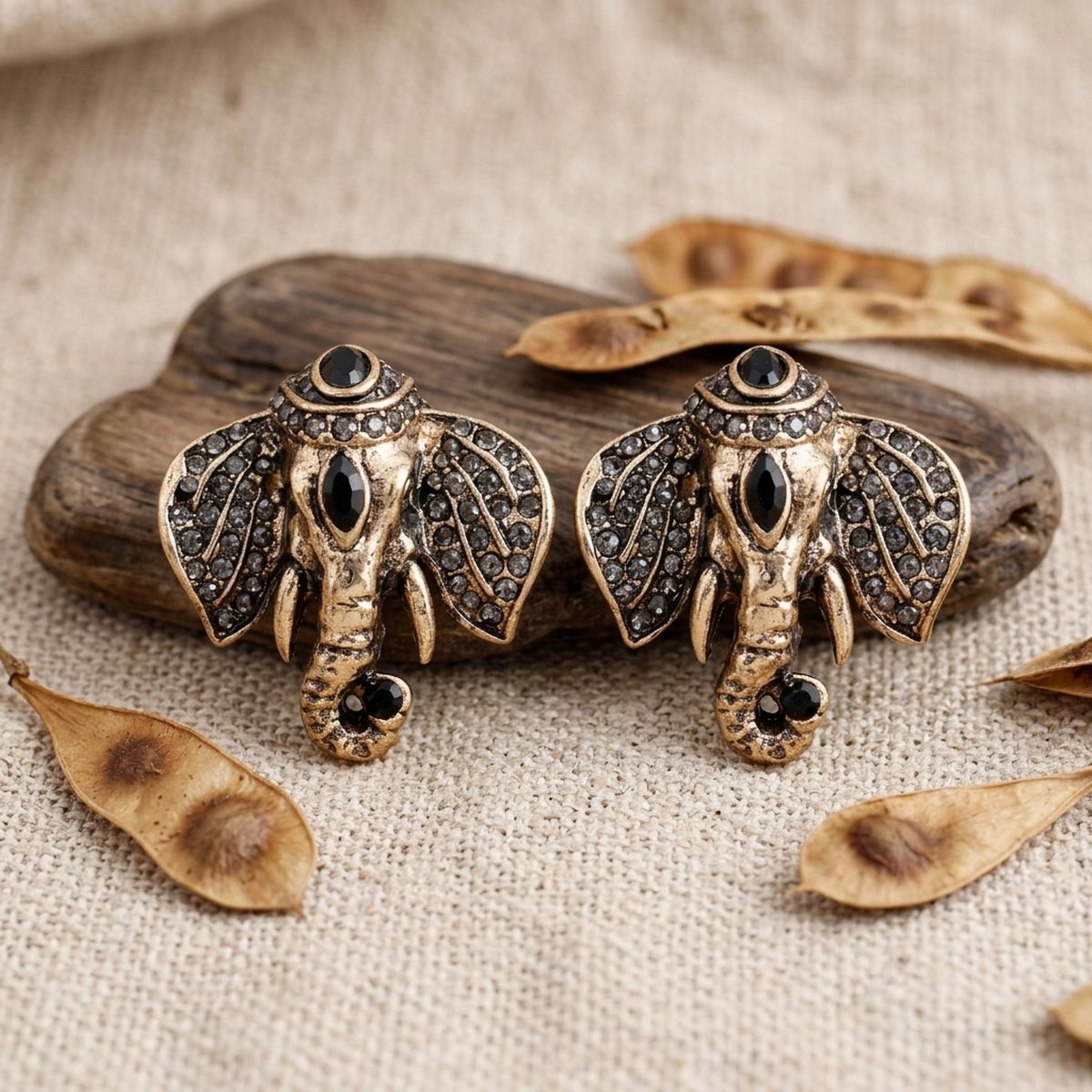 Opulent African Elephant Black Stud Earrings