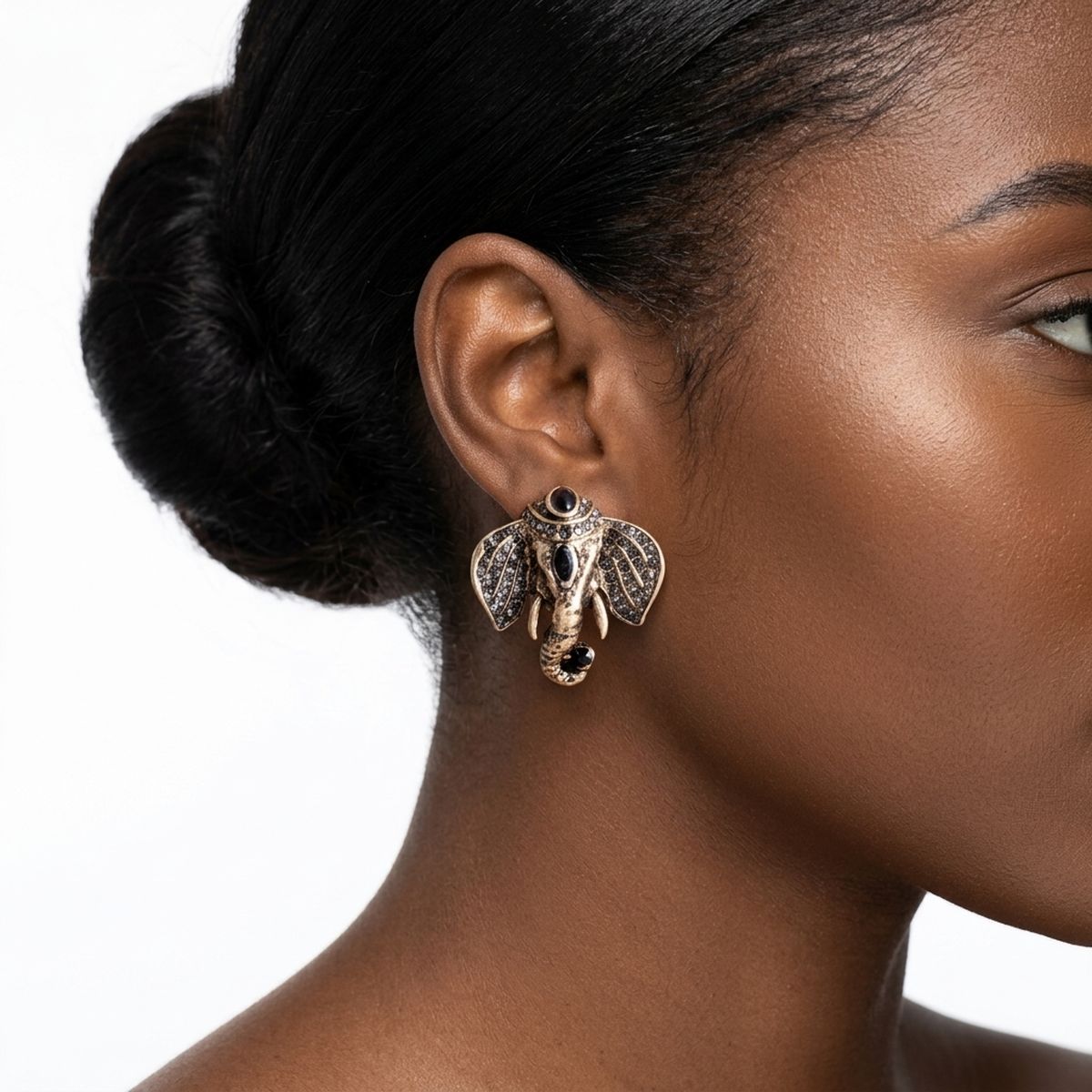 Opulent African Elephant Black Stud Earrings