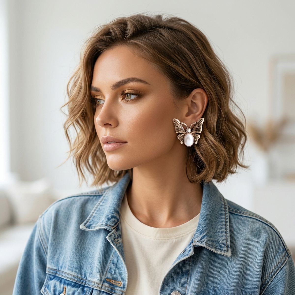 Opulent Gold Butterfly Cream Pearl Stud Earrings