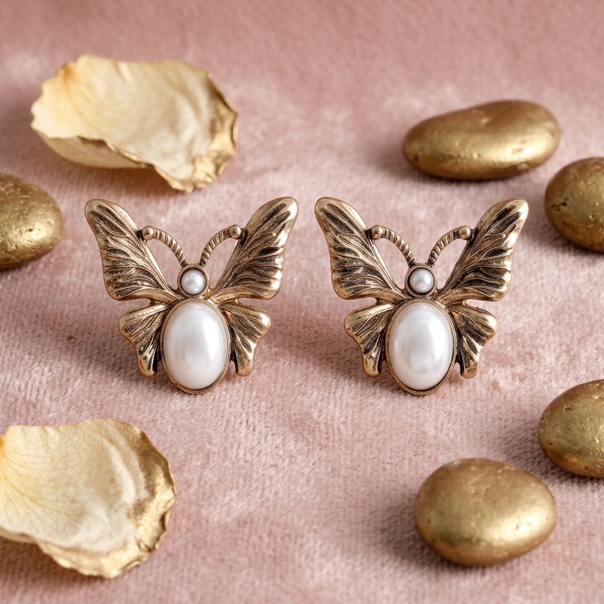 Opulent Gold Butterfly Cream Pearl Stud Earrings