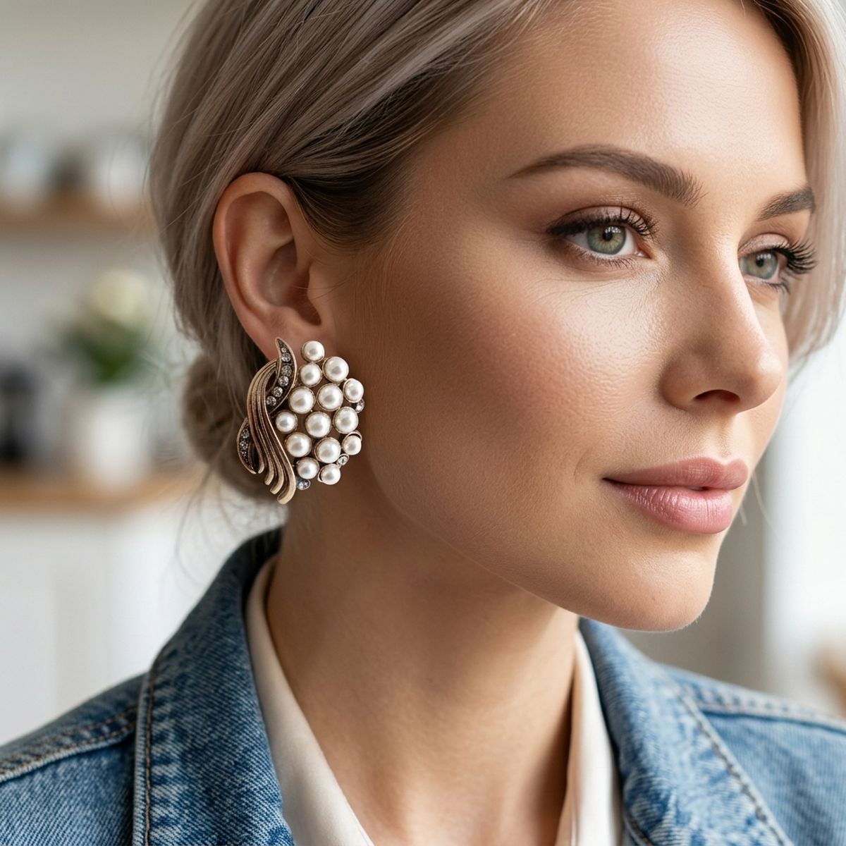 Opulent Gold Cream Pearl Cluster Stud Earrings