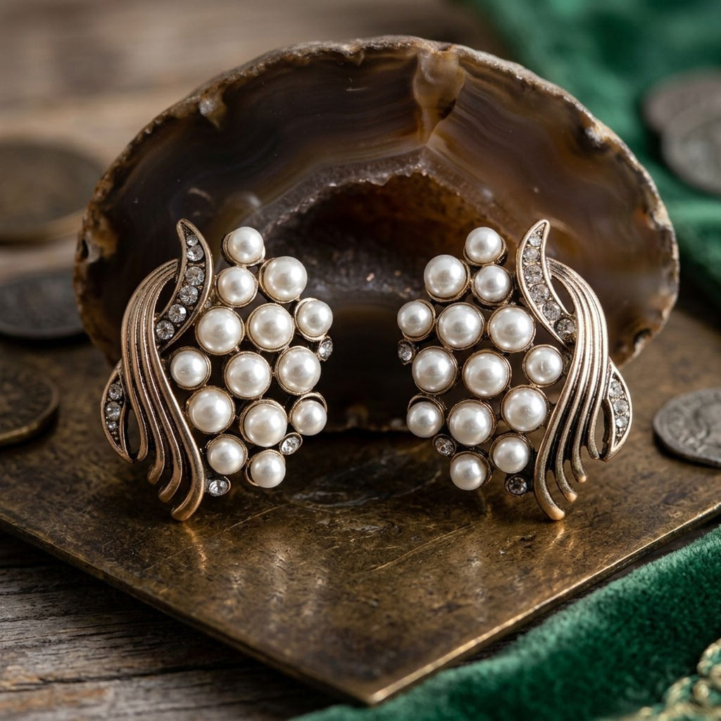 Opulent Gold Cream Pearl Cluster Stud Earrings