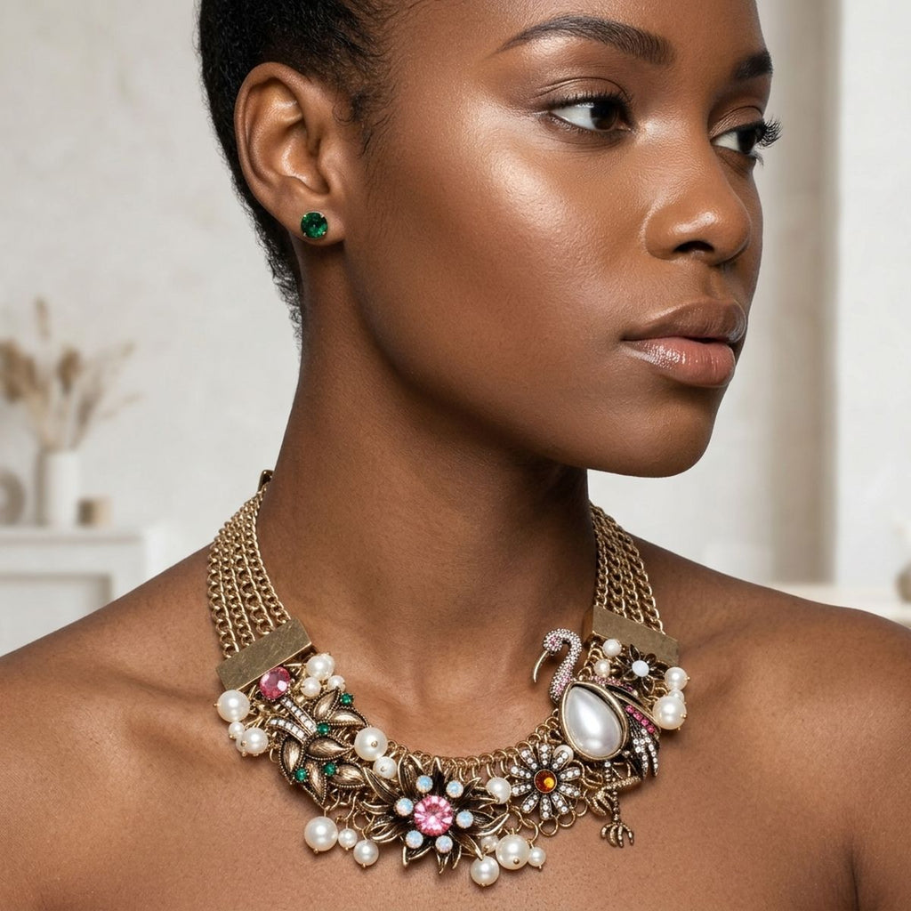 Opulent Gold Pink Flamingo Statement Necklace