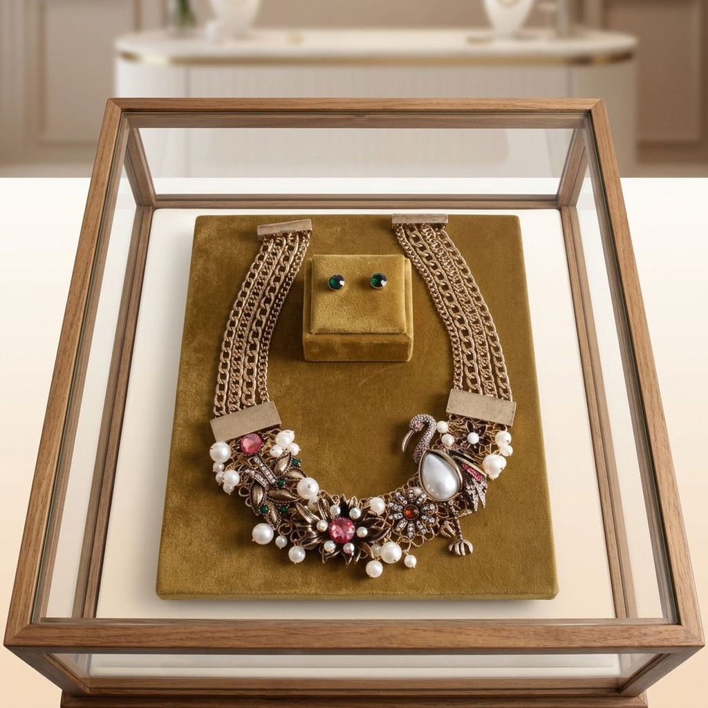 Opulent Gold Pink Flamingo Statement Necklace