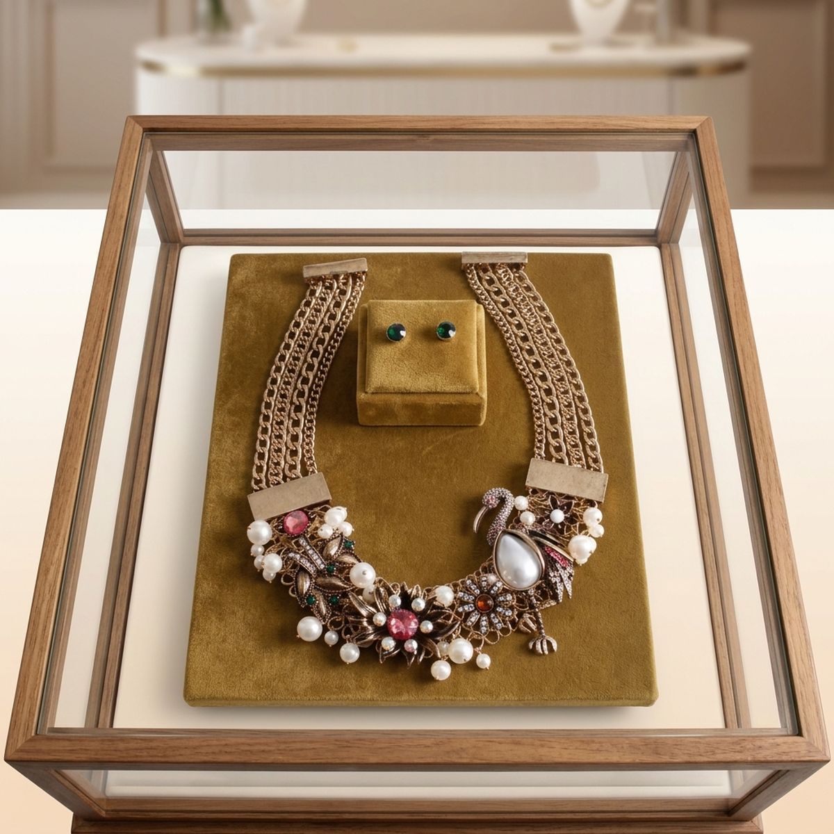 Opulent Gold Pink Flamingo Statement Necklace